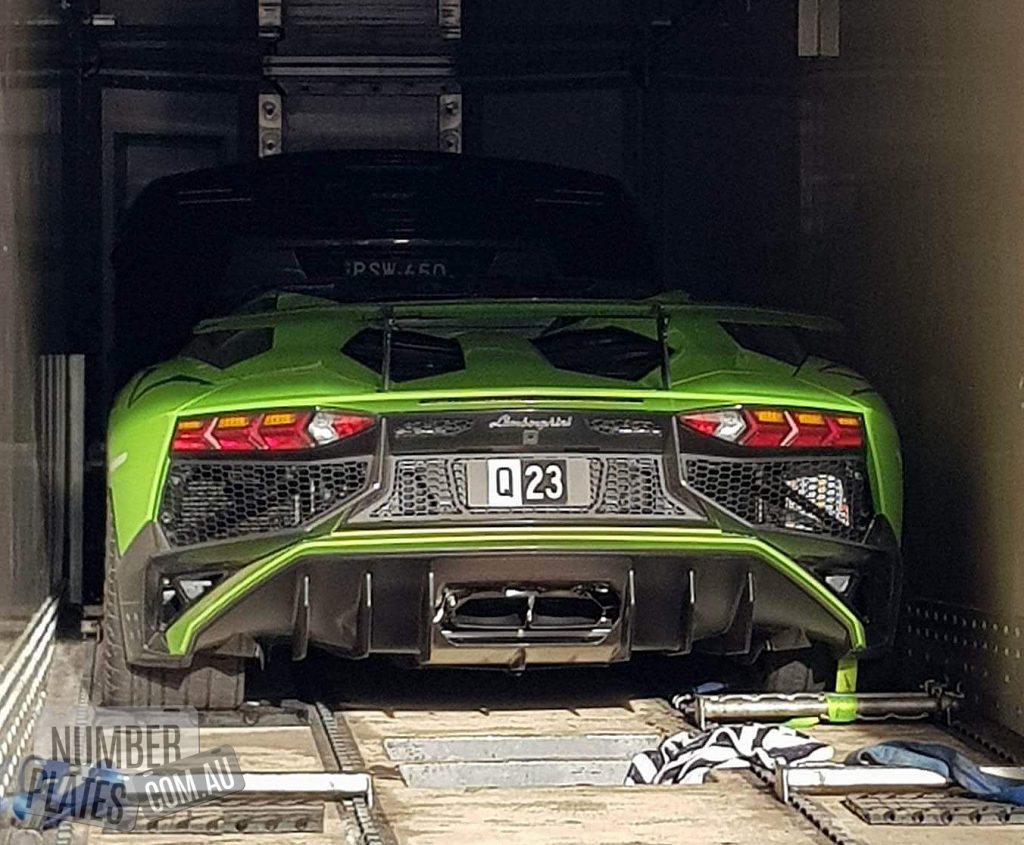 'Q23' on a Lamborghini Aventador SV.