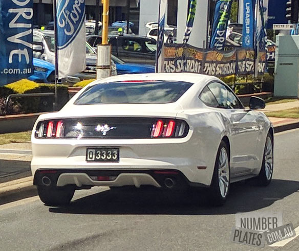 'Q3333' on a Ford Mustang. 